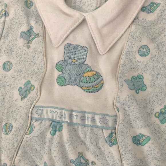3/$20 My Stars Blue White Embroidered Bear Toys Print Collared Romper Outfit - Picture 2 of 4